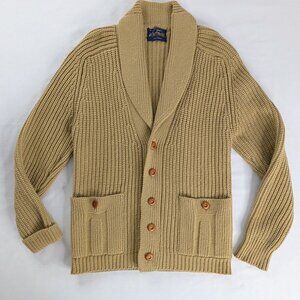 VTG Tan Chunky Ribbed Knit Button Up Shawl Collar Pocket Cardigan Fisherman